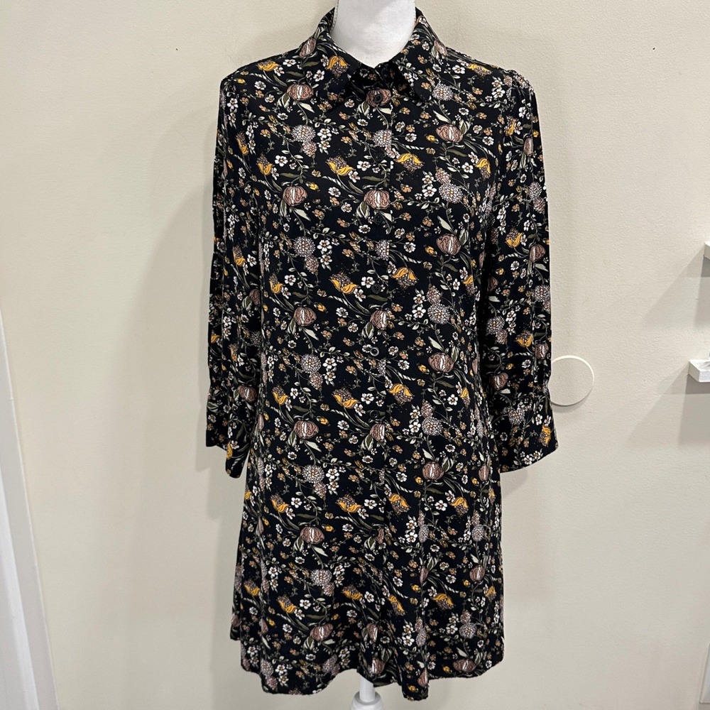 Natural Life Moody Floral Mini Shirt Dress Black Long Sleeve Rayon Cottage Med‎